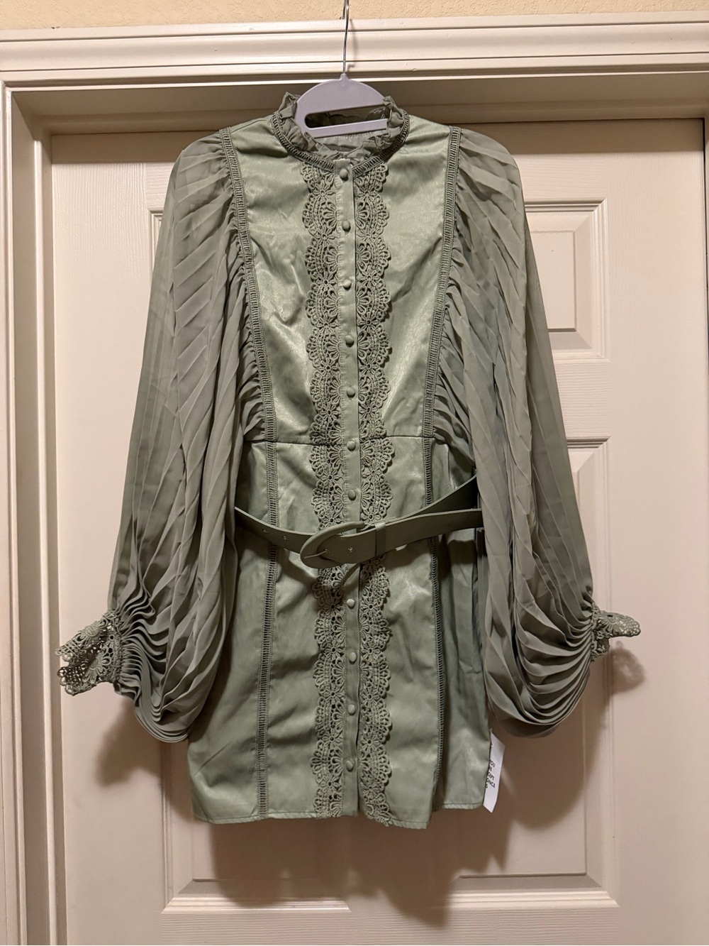 ASOS Sage Green Lace-Trim Pleated Sleeve Mini Dress with Belt - NWOT